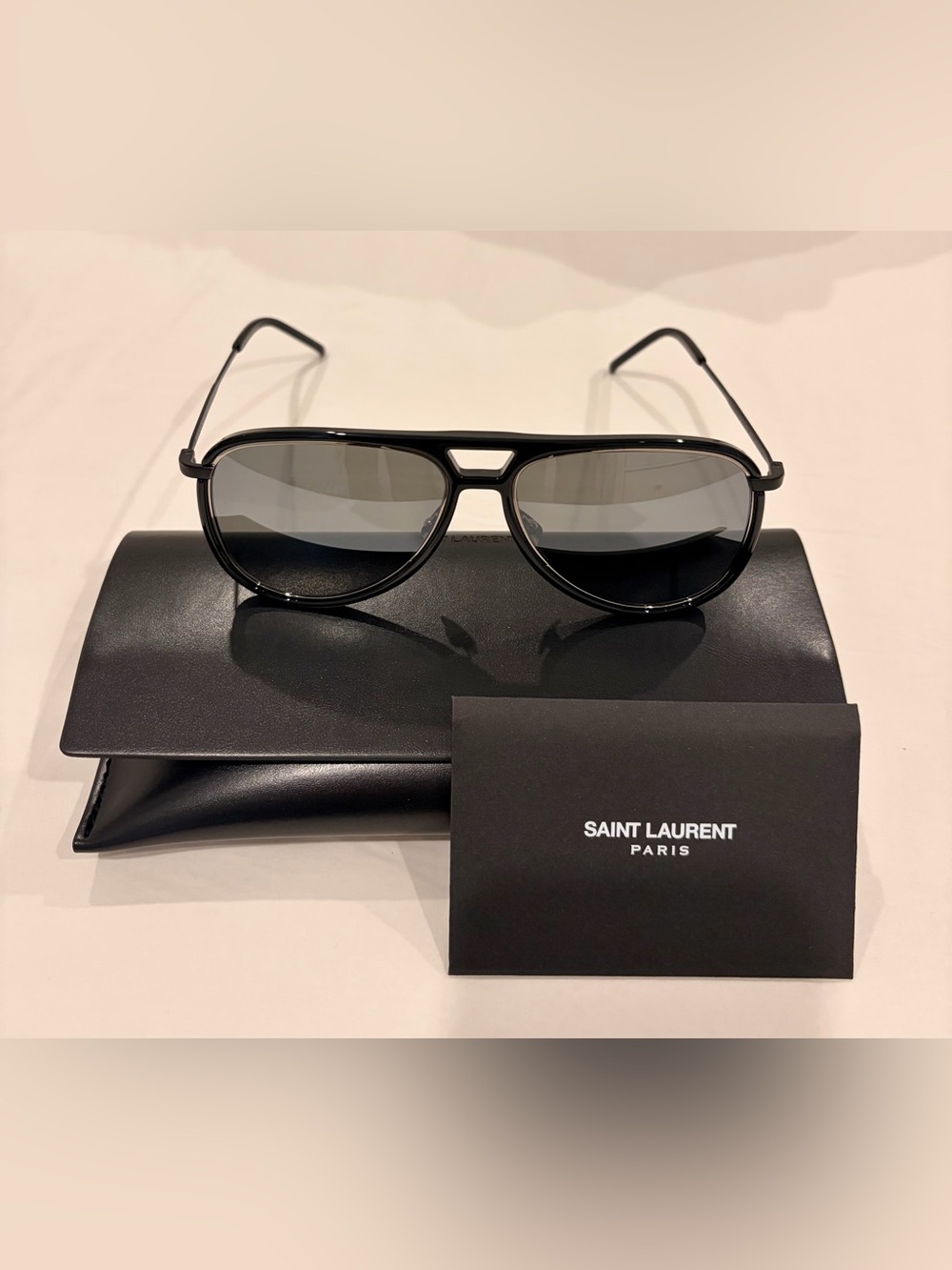 Saint Laurent Black and Silver Aviator Sunglasses NWT